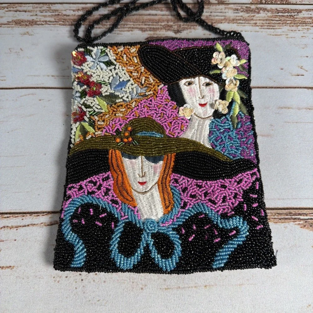 Vintage Seed Bead Purse Victorian Art Deco Ladies Flowers Black Pink Blue White